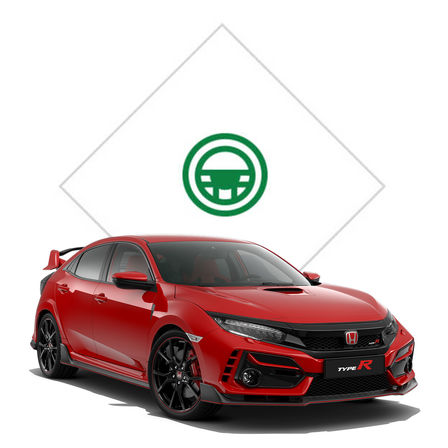 Predný bočný pohľad na model Honda Civic Type R s grafikou skúšobnej jazdy.