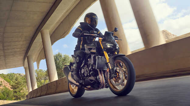 Statický trojštvrťový záber na model Dax 125 pri mori.